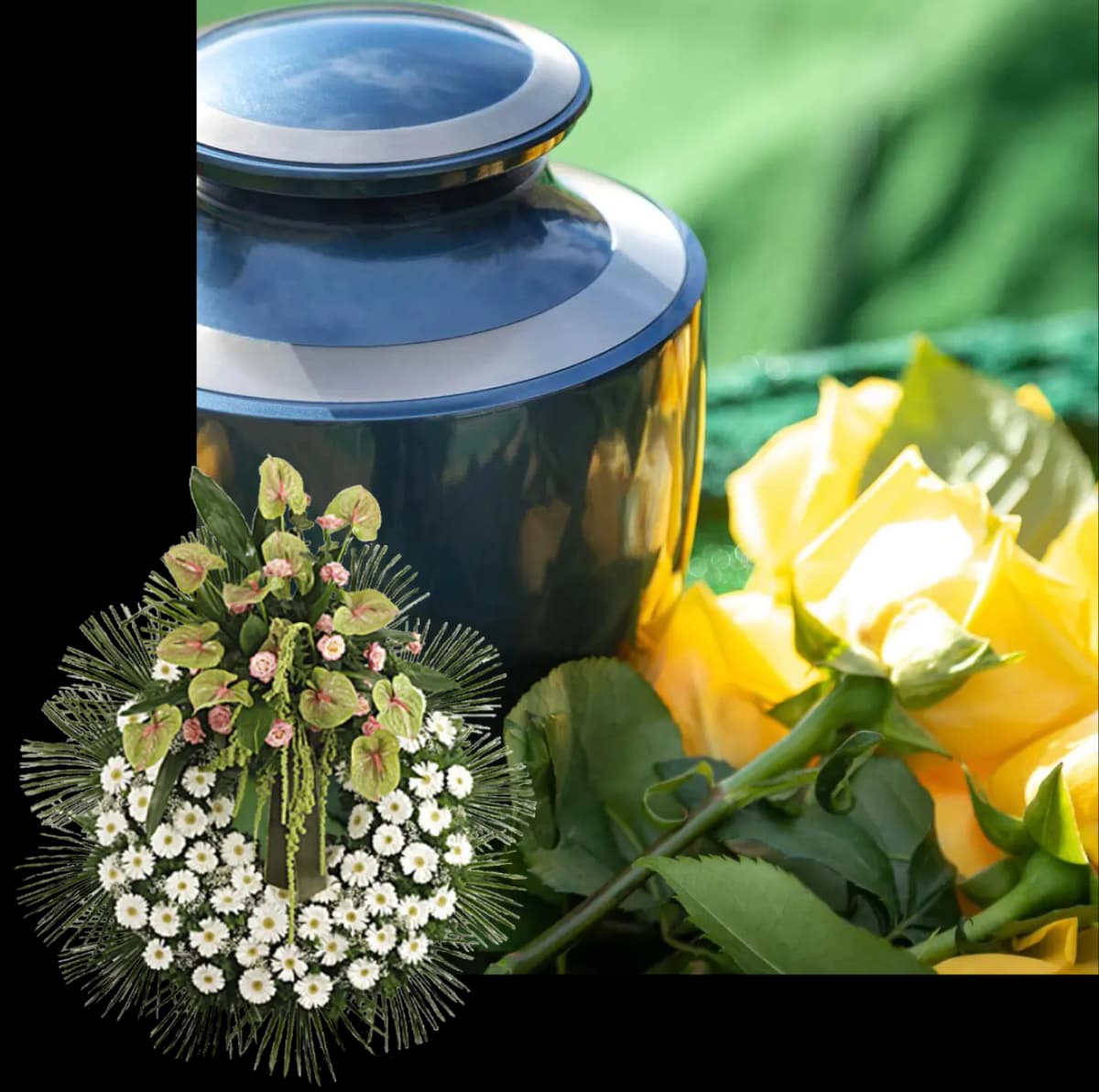 Cremation urn next to yellow roses