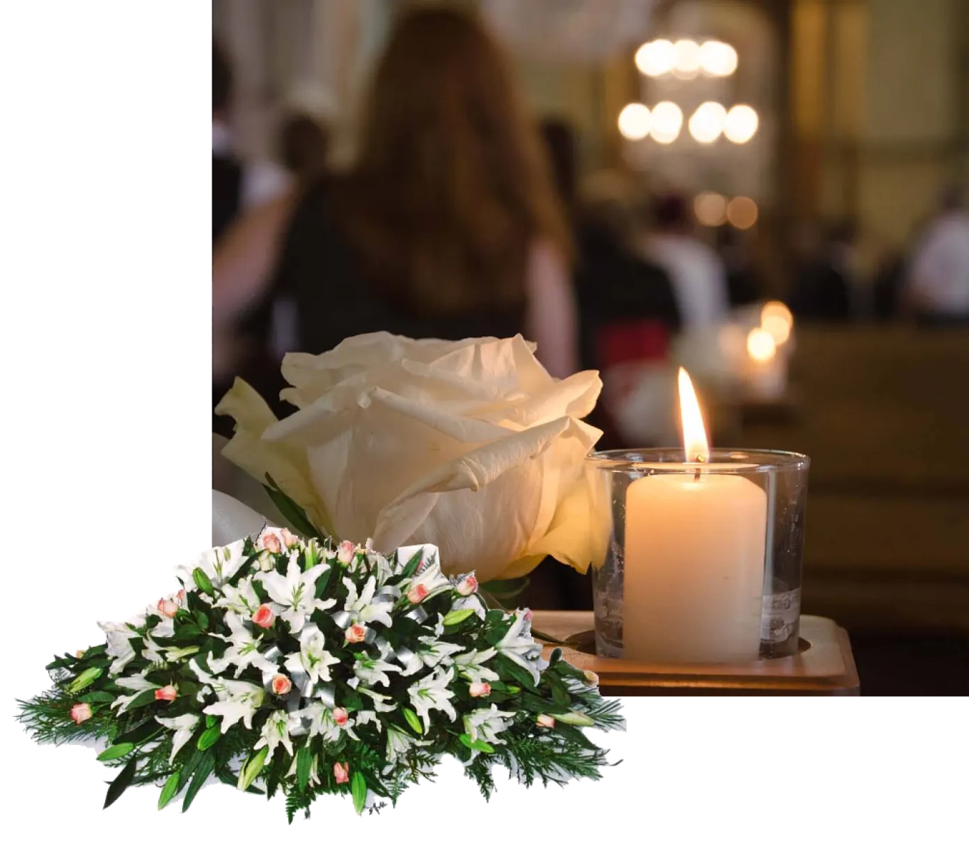 Amarillo funeral home service close up of candle and white rose